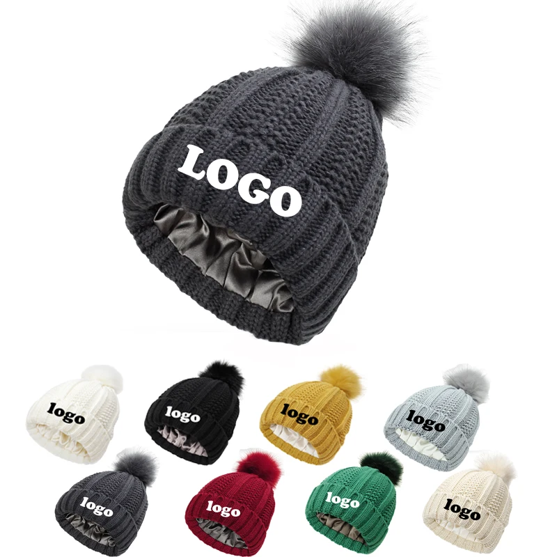 Women Winter Thicken Satin Lining Soft Faux Fur Pom Pom Knitted Hat Beanie Customized logo Autumn and Winter Skullies Caps