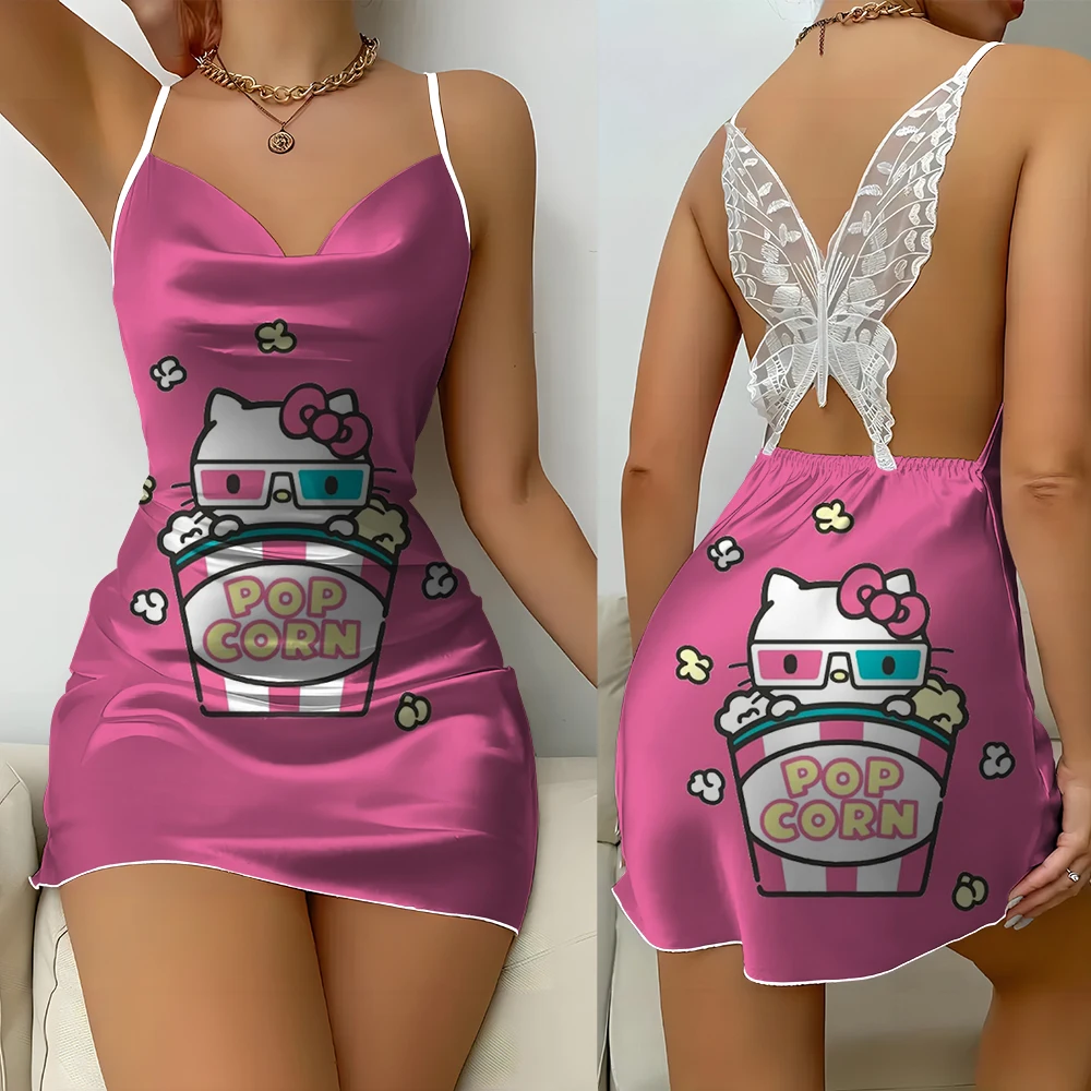 New women summer spaghetti strap sexy suspender butterfly backless lace sexy nightdress Hello Kitty print fashion dress