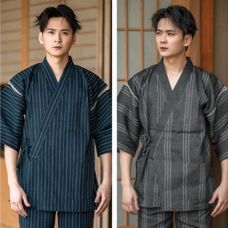 2023new Japanese traditional samurai kimono for men yukata bathing robe hekoobi loose sauna wear homewear summer short sleeve