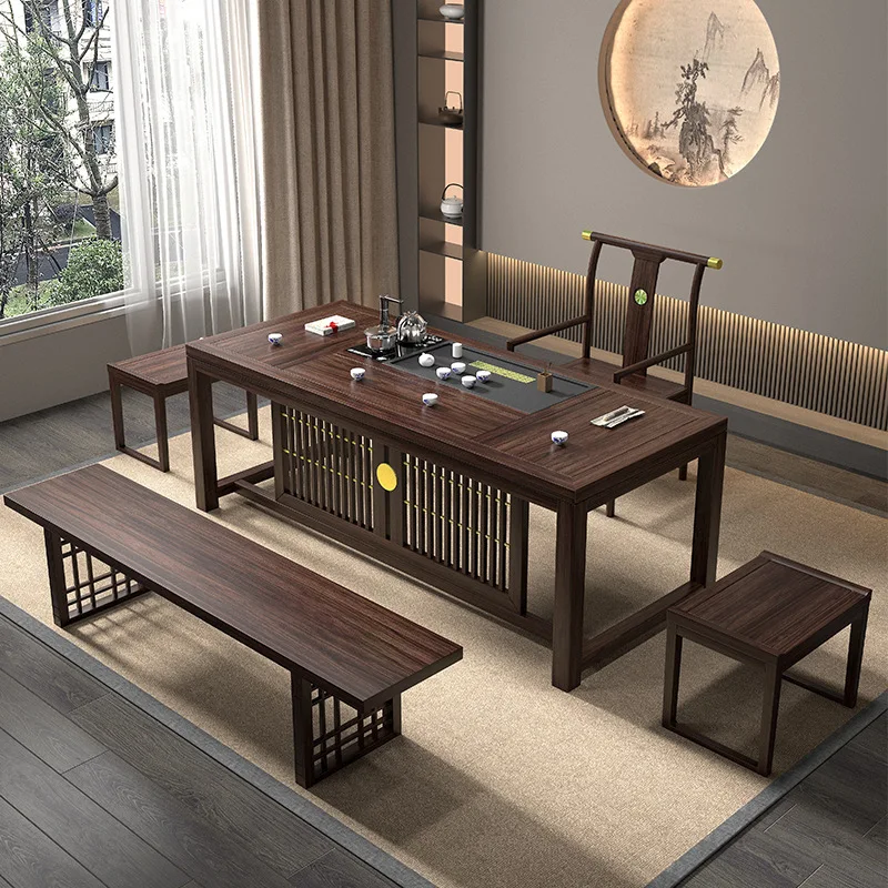 Table et chaises en bois d'ébène massif HYS, style chinois moderne et simple, ensemble intégré pour la maison, le bureau ou comme table basse.