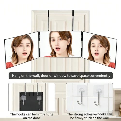 Imagen 2 del producto 360 ° Espejo de Maquillaje Tríptico Portátil y Plegable con Gancho Telescópico Ajustable en Altura para Cortar el Cabello Solo