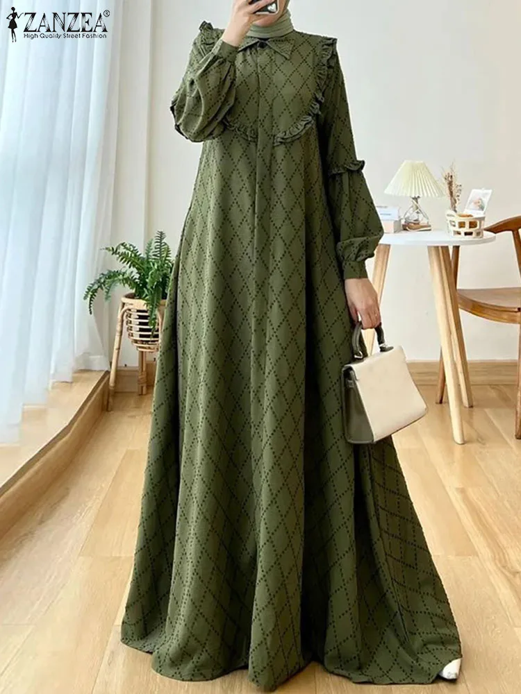 

ZANZEA Muslim Fashion Party Abaya Vestidos Stylish Casual Diamond Patterns Elegant Kaftan Robes Women Lantern Sleevce Long Dress