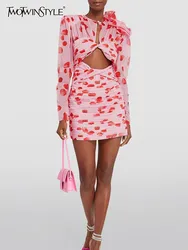 TWOTWINSTYLE-vestido corto con estampado Floral para mujer, minivestido de manga larga con cuello de pico y cintura alta, con pliegues, novedad
