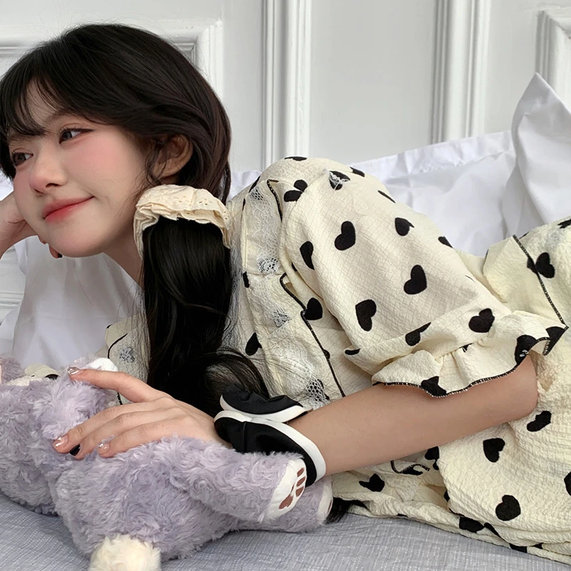 

plus Size Bubble Cotton Spwear ort Sve Home Clothes Set for Women Summer Comfortable Breathable Printed Sp Suit