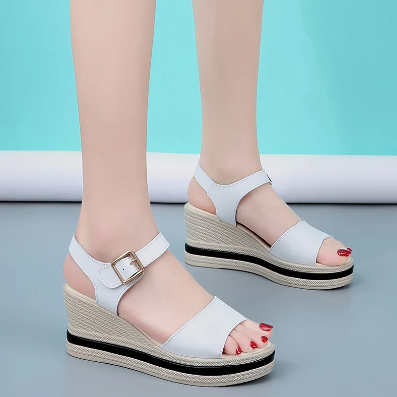 Trendy Split Leather Women Wedges Sandals Summer Buckle Slip On Women Platform Sandals Outdoor Beach Flip Flops Ladies Sandals