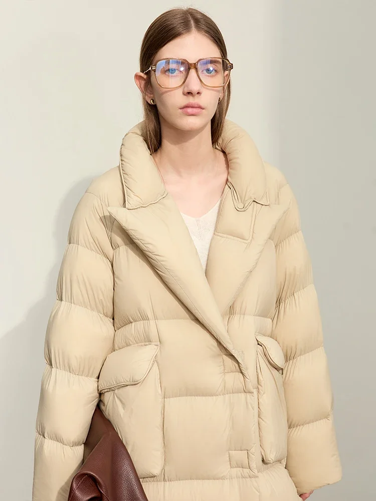 AMII المرأة الأبيض بطة أسفل معطف 2025 الشتاء طويل أسفل سترة الإناث واحدة الصدر السترة طوق جيب كبير أبلى 12344188