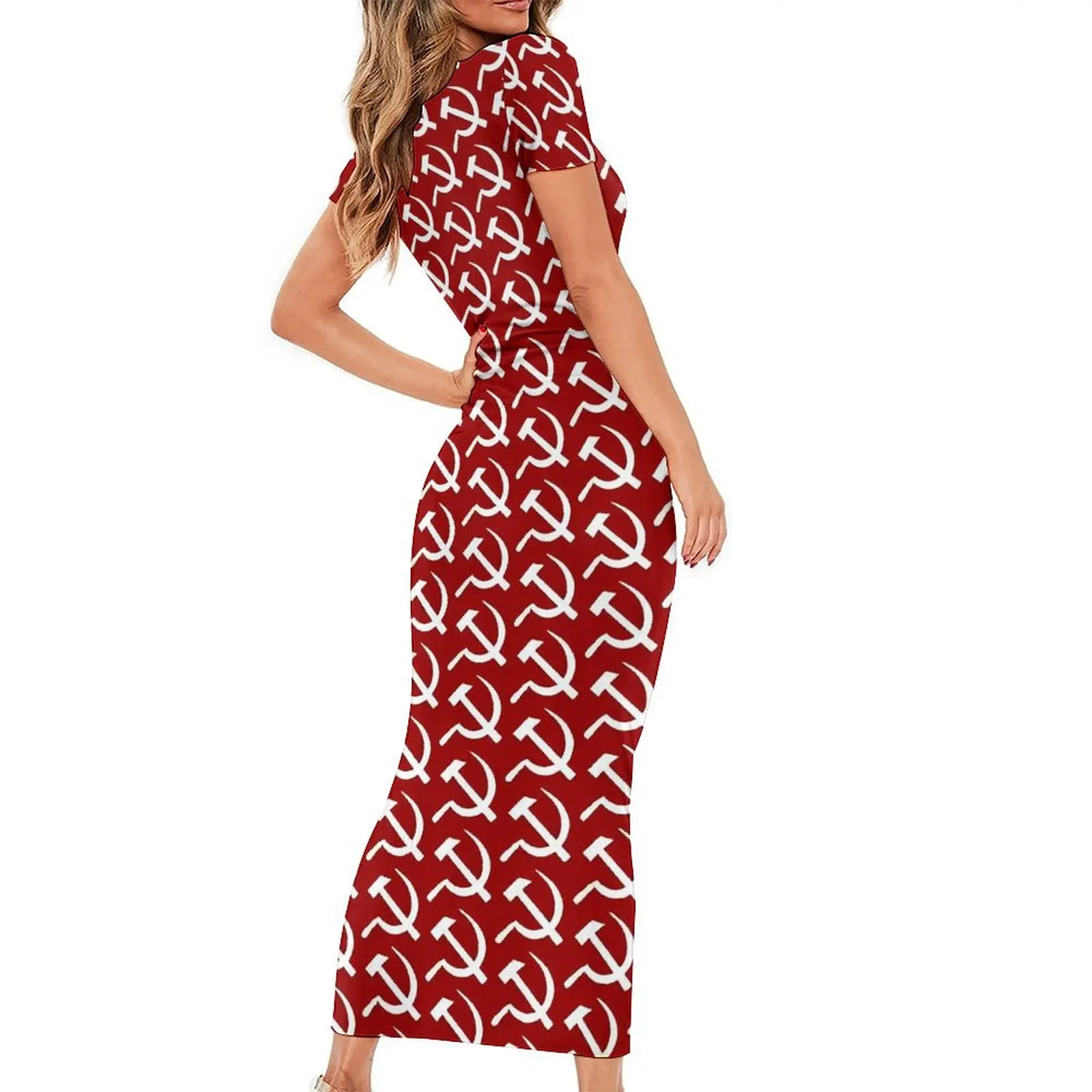 CCCT White Red Hammer And Sickle Bodycon Dress Holiday  Cute Maxi Dresses Womens Short Sleeve Custom Street Wear Dress Big Size