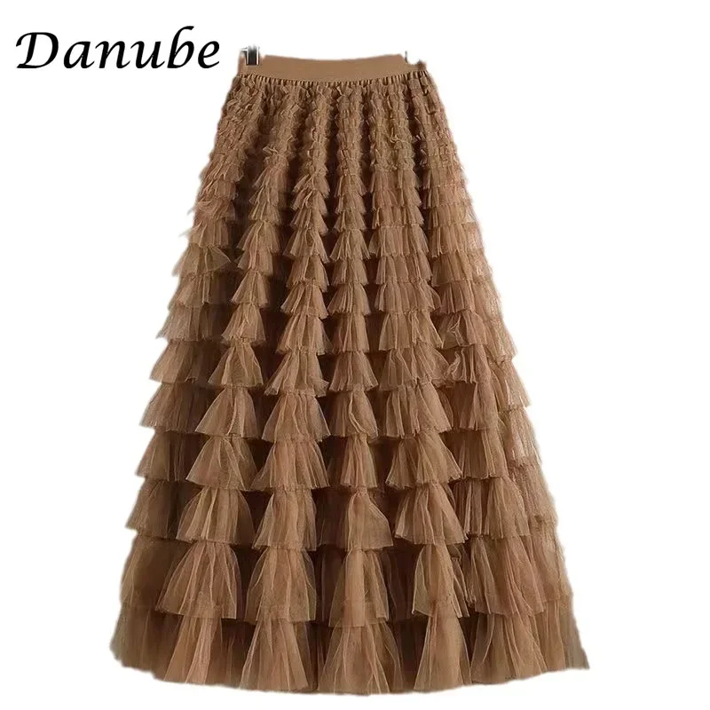 Vintage Multilay Ruffle Tulle Tutu Long Skirt for Women Spring Korean Casual High Waist Mesh Pleated Cake Skirt Faldas Aesthetic