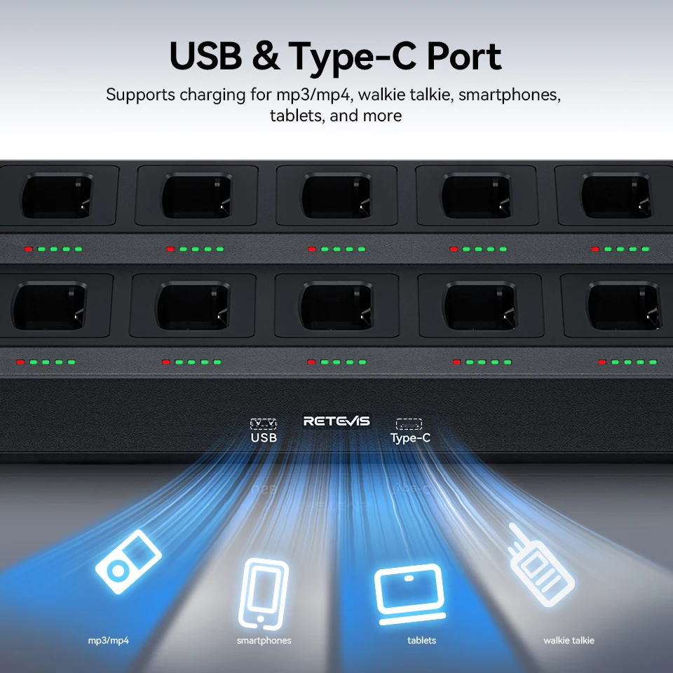 Retevis RTC777T 10-Way Walkie Talkie Multi-Unit Gang Charger Radio 10 Way Charger Radio Aksesoris untuk Retevis H777/H777D/H777H
