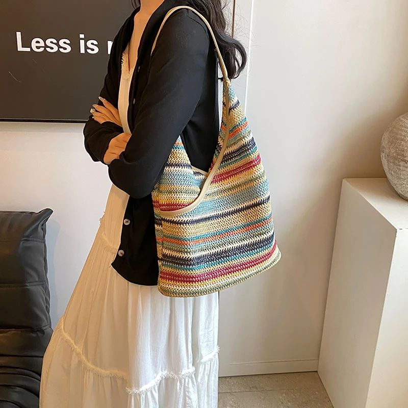 Shoulder Bag Hundred Casual Tote Woven Bag Collision Color Large Capacity Summer Tote Bag for Female Seaside Beach 2024