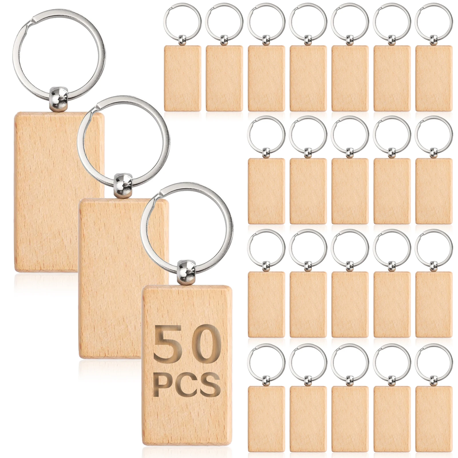 

50Pcs Blank Wooden Keychain Rectangular Engraving Key ID Can Be Engraved DIY