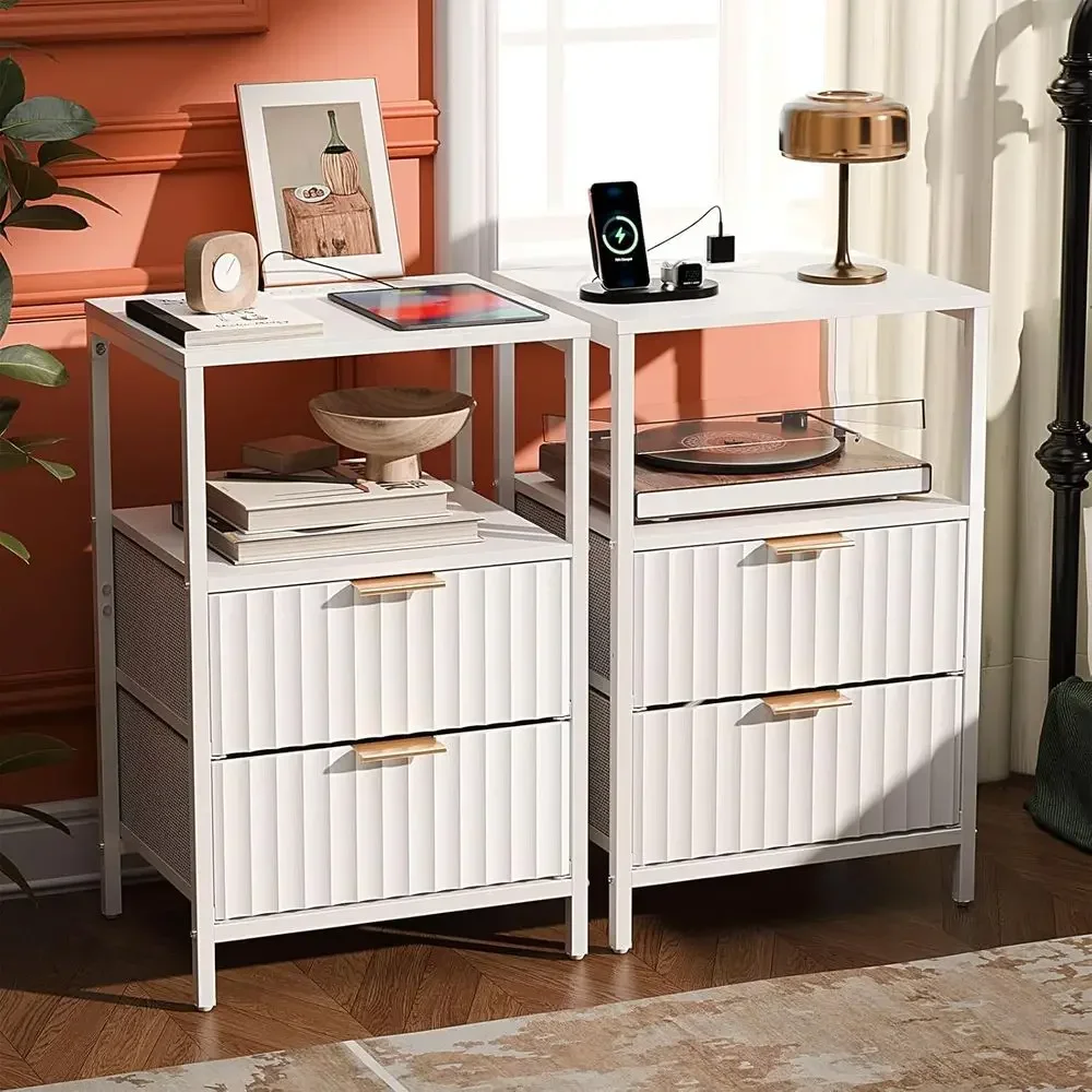 Pair of White Fabric-Upholstered Nightstands with Charging Stations for Bedroom or Dorm