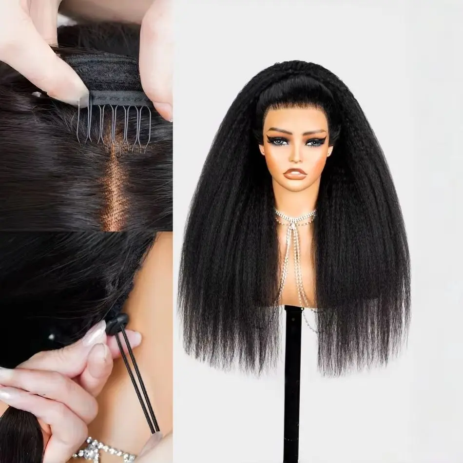 

38 Inch Natural Kinky Straight Half Wig Human Hair Glueless Wig Human Hair Ready to Wear 3 IN 1 Half Wig Invisible Drawstring