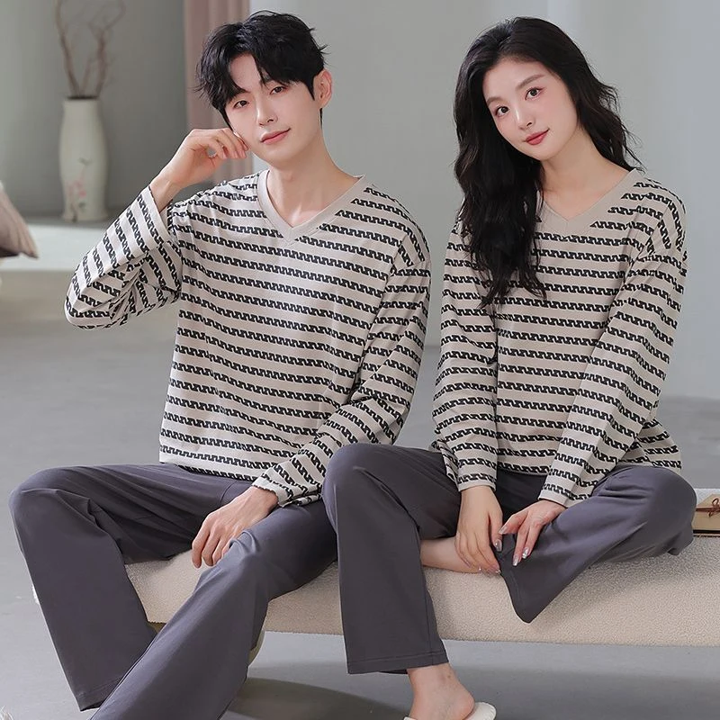 

2025 Spring Couple Casual Striped Long Sleeve Modal Pajama Set for men Korean Loose Sleepwear Pyjama Women Homewear Home Clothes