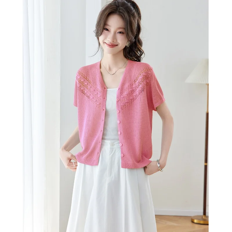 Summer Women's Crochet Hollow Ice Silk Knitted Cardigan Short Sleeve Fashionable Shawl Outer Top for Women
