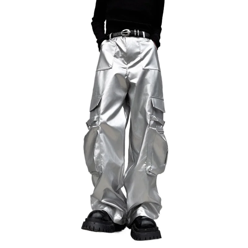 

Серебряные кожаные брюки мужские уличные модные свободные повседневные кожаные брюки-карго в стиле хип-хоп брюки сценическая одежда костюм для выступлений
