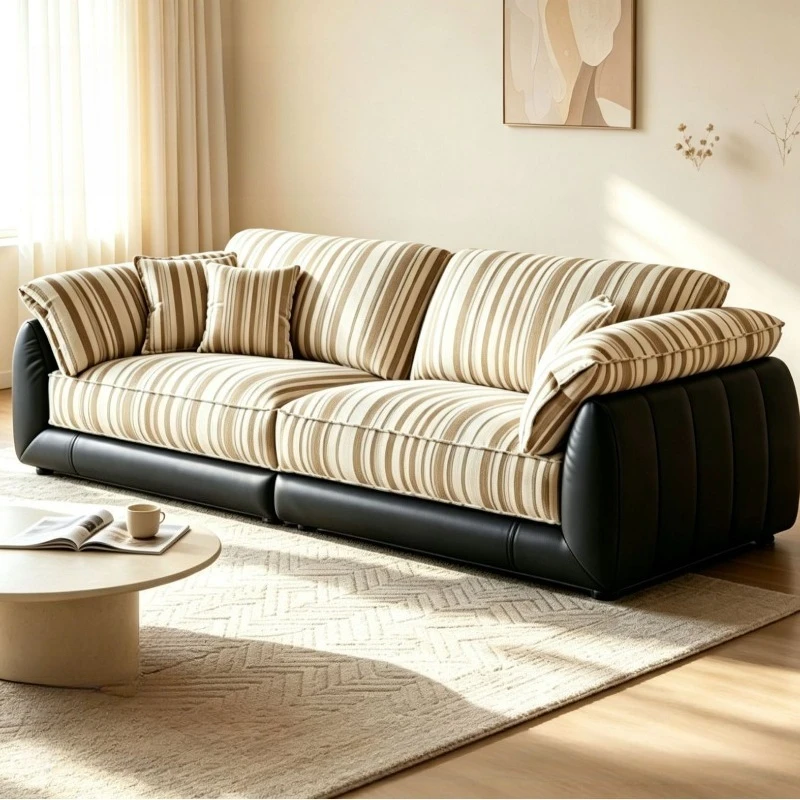 striped fabric sofa, leather cloth combined with light luxury straight row sofa, big sitting deep lazy home cream style guest