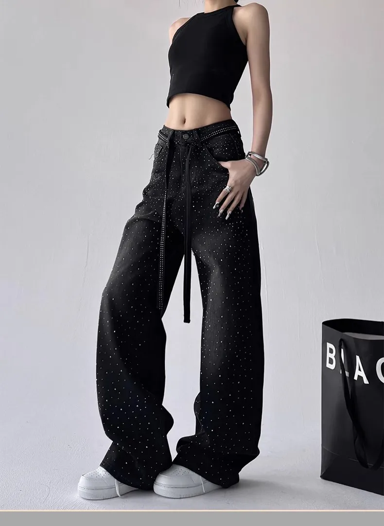 Y2K 별이 빛나는 하늘 청바지 여성 하이 웨이스트 핫 스탬프 다이아몬드 디자인 루즈 피트 와이드 레그 바닥 길이 가을 바지