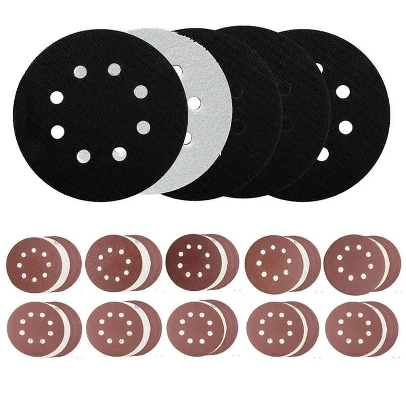 

5PCS 5 Inch 8 Holes Foam Sanding Pads for Orbital Sander Hook and Loop Buffer Backed Cushion with 40PCS Sanding Discs