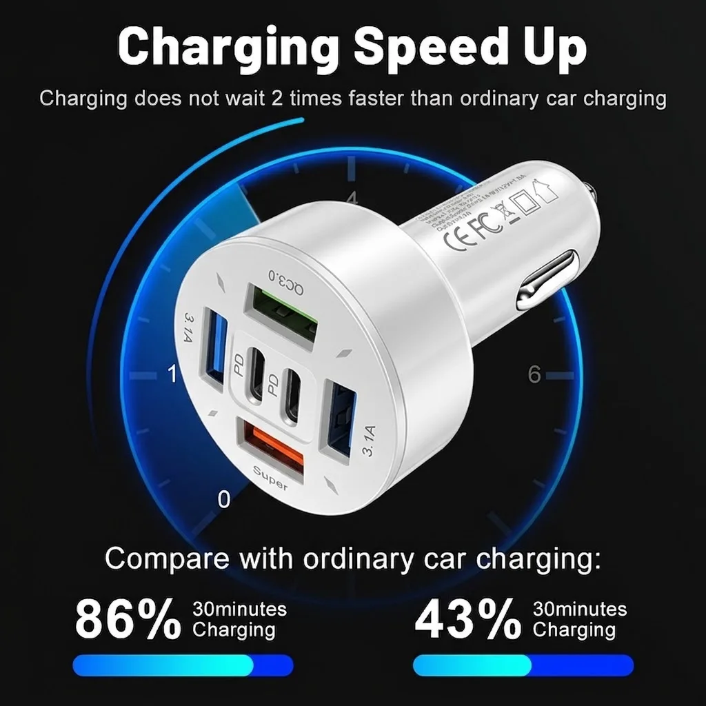 Super Fast Car Charger 6 Ports PD QC3.0 Smart Chip Trickle Charge Protection Rapid Multi-Device Adapter For iPhone For Samsung - view 3