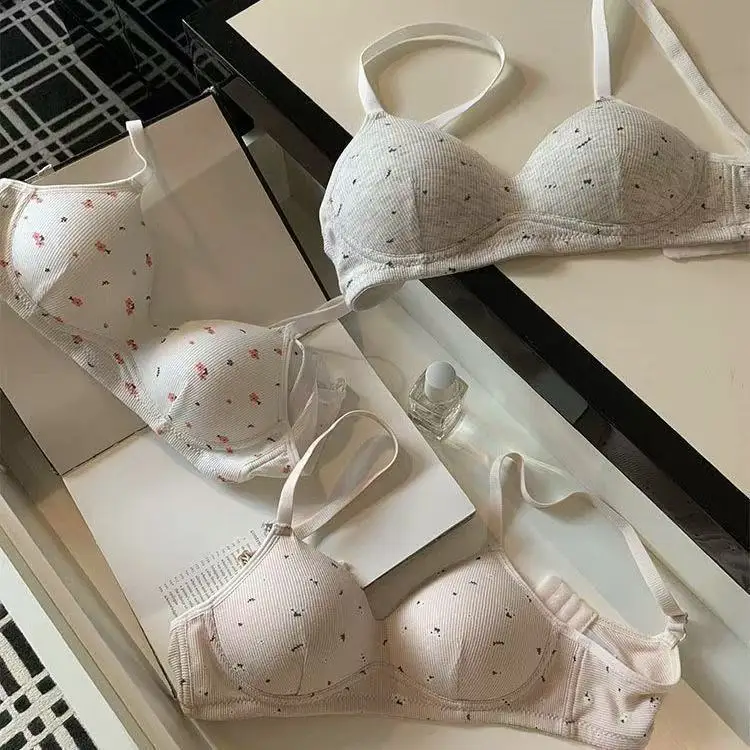 kuclutFloral Korean Threaded Skin-Friendly Underwear Female Upturned Breathable Anti-Sagging Thin Small Breasts Gathered Bra