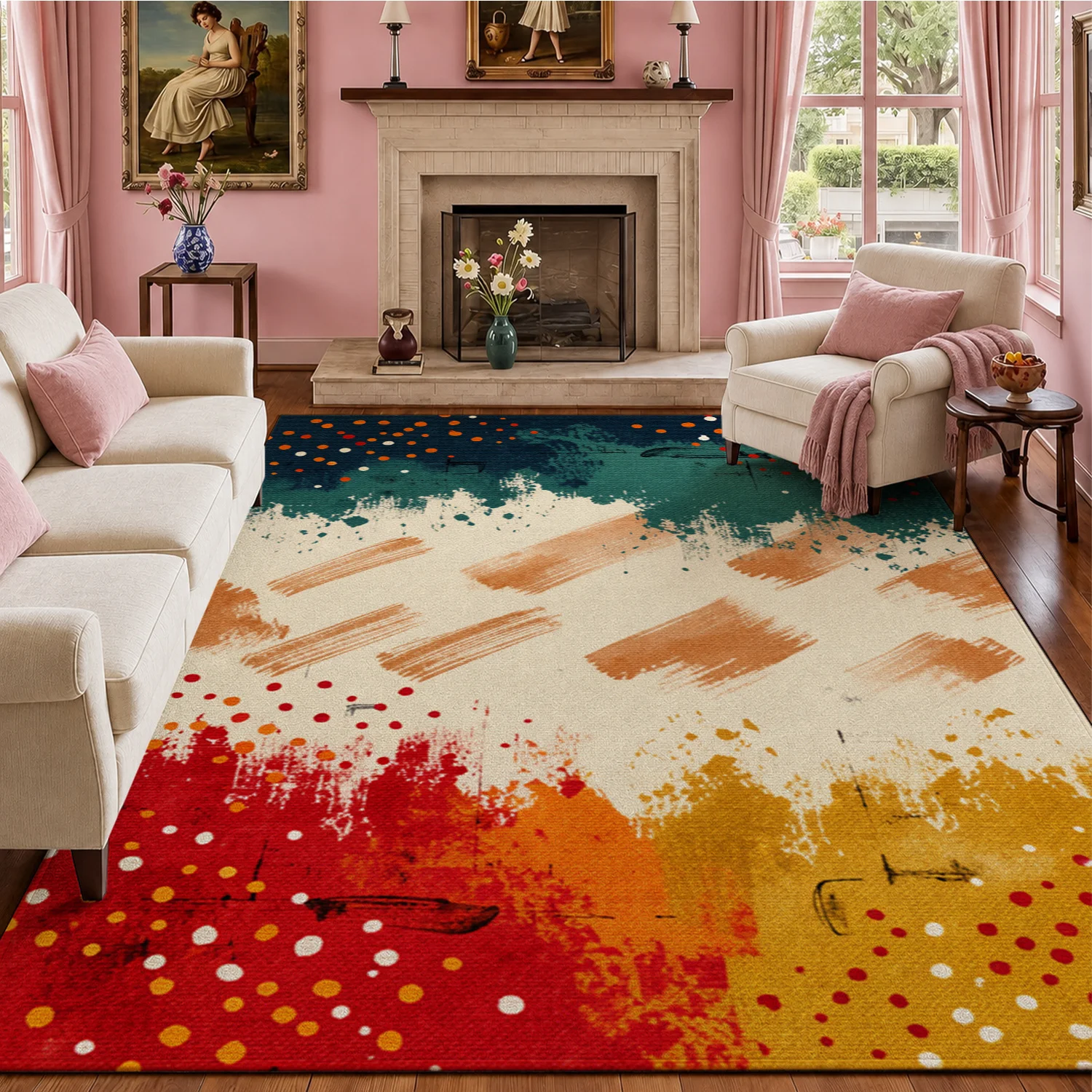 Abstract Colorful Brushstroke Dot Design Area Rug Velvet Material Machine Washable Stable Placement Ideal for Living Room Bedroom Entryway Dining Room Perfect for Halloween Thanksgiving Black Friday Christmas New Year Home Decor