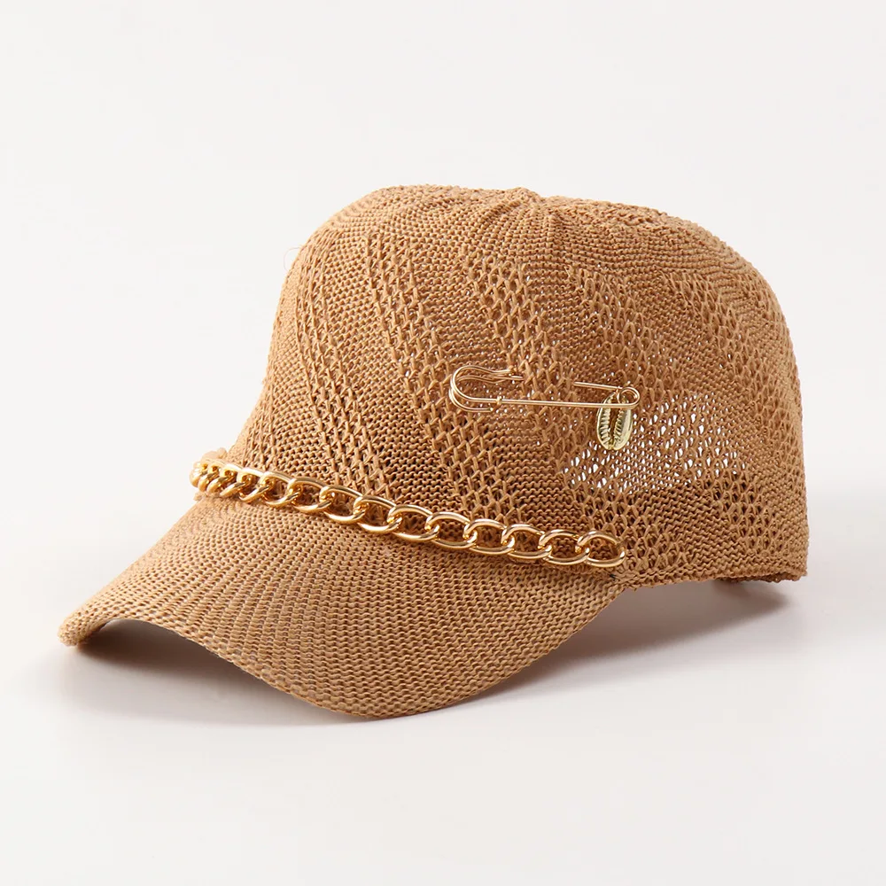 Chain Baseball Cap, European Fashion Breathable Sun Protection Straw Hat with Pin & Shell Decor