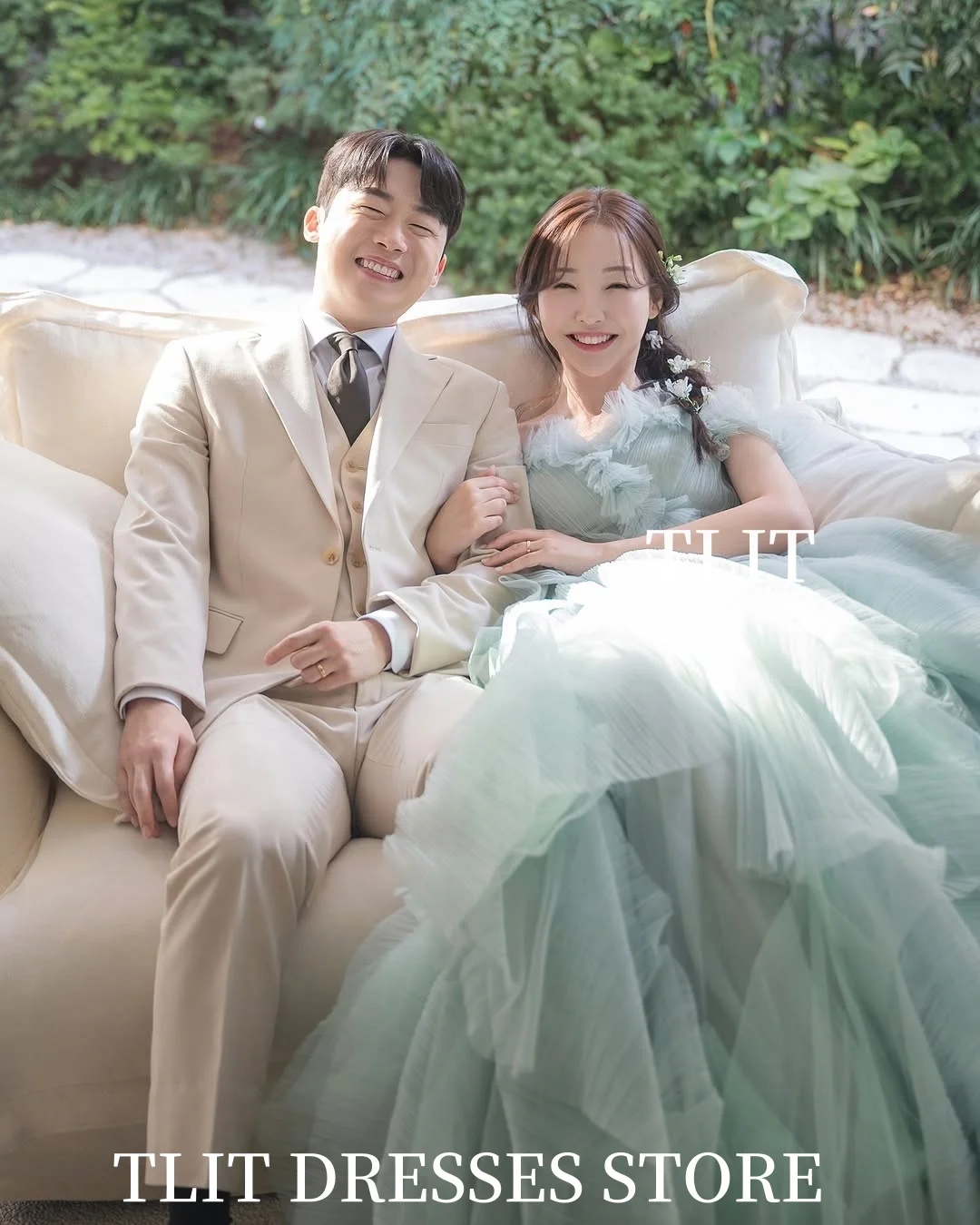 فستان سهرة أنيق من TLIT باللون الأزرق الضباب من الأورجانزا فستان زفاف كوري لالتقاط الصور بدون حمالات بدون أكمام فساتين حفلات مشد مخصص