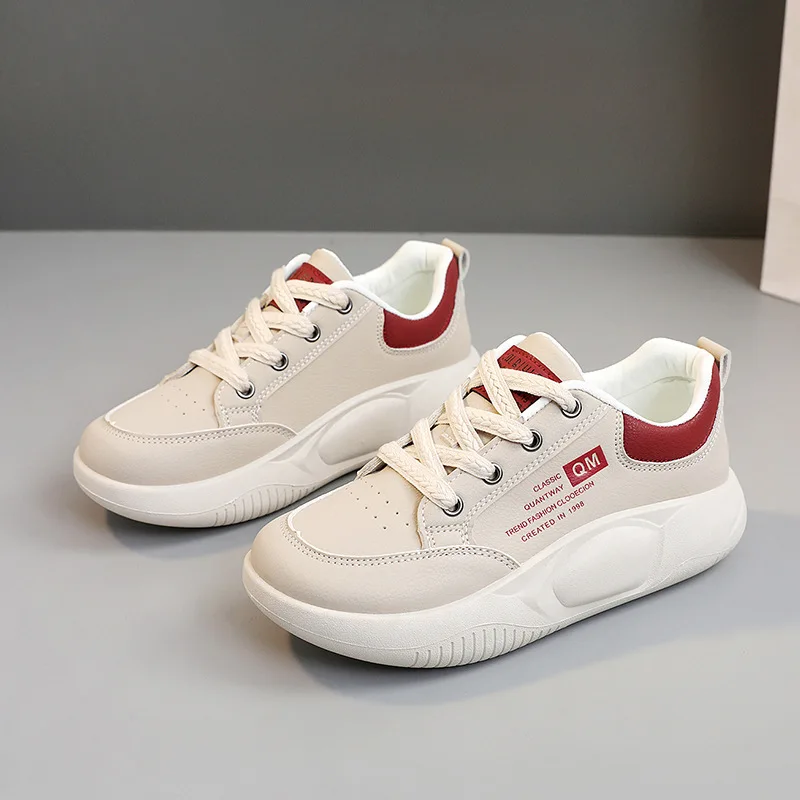 

New 2024 Spring Casual Thick Bottom Shoe Korean Sports Women's Leather Vulcanize Shoes Platform Sneakers Comfortable