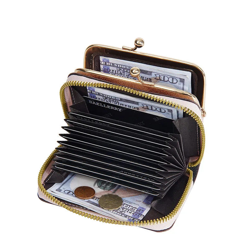 

Portable Women Zipper Coin Purse Organ Card Bag Mini Short Leather Wallet New Ladies Large Capacity Card Holder Classic Retro