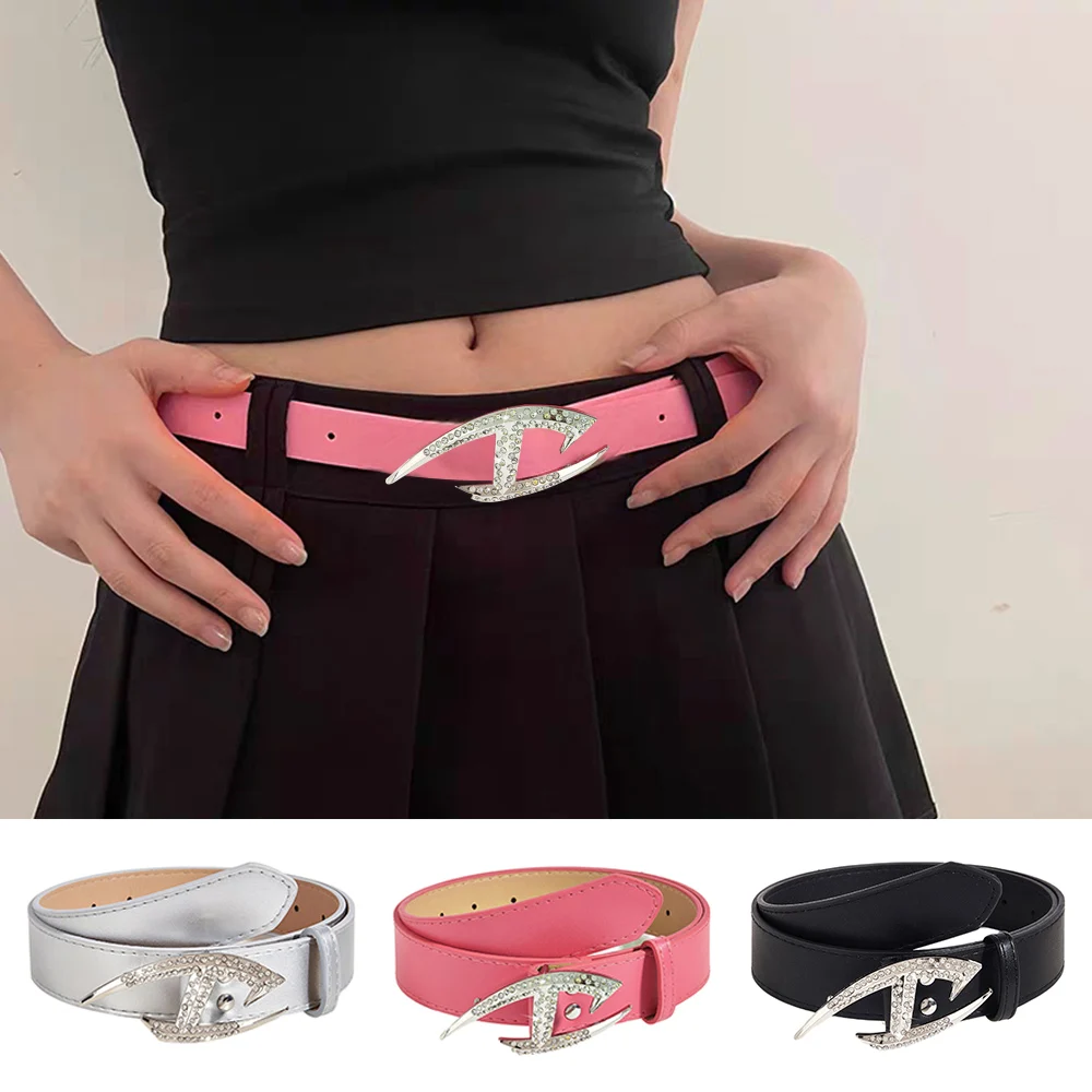 Rhinestone Buckle Waist Strap Alloy With Diamonds Waist Belt Solid Color PU Leather Belt Y2k Streetwear Punk Fashion Chic DIY