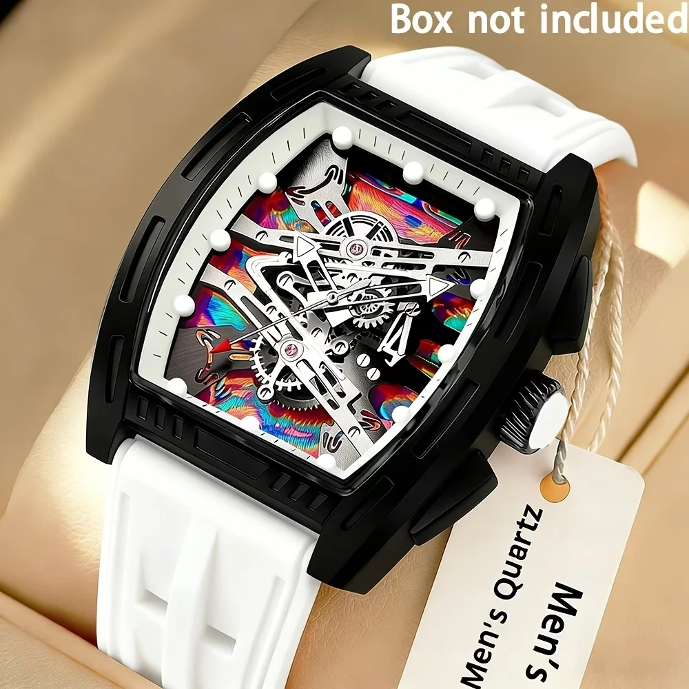 4PCS Fashion Tonneau Dial Men Watch Jewelry Set Silicone Strap Sports Quartz Wristwatches Relogio Masculino（Without Box）