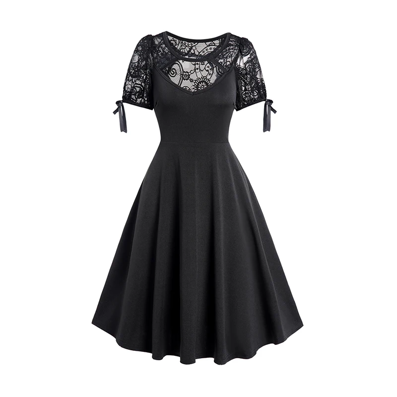 

2024 Womens Vintage Dress Cut Out Plain Color Lace Panel Tied High Waisted A Line Midi Dress Short Sleeves Black Dresses