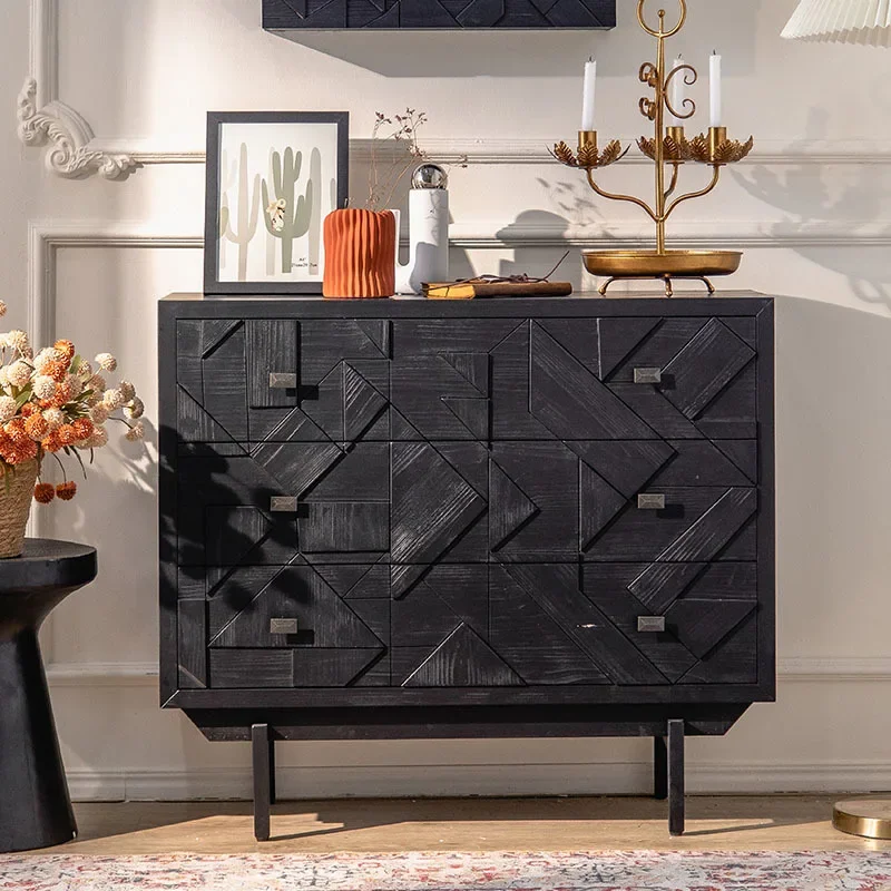 Wabi-sabi wind mueble lateral de comedor de madera maciza, zapatero de vestíbulo de entrada B & B, armario de almacenamiento para sala de estar, lado retro negro