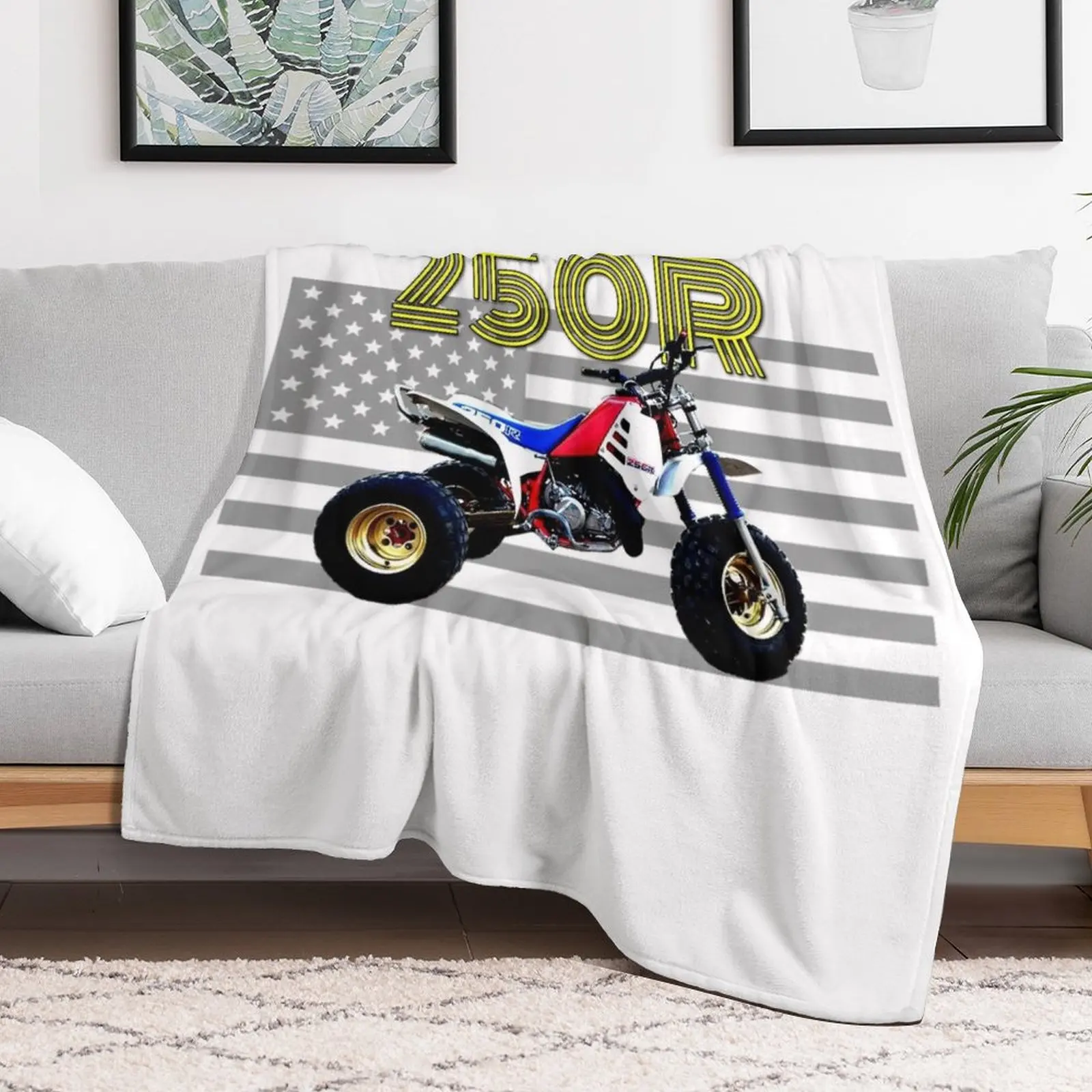 250r ATV ATC Vintage Retro Three Wheeler American Flag Throw Blanket Flannels Personalized Gift Blankets