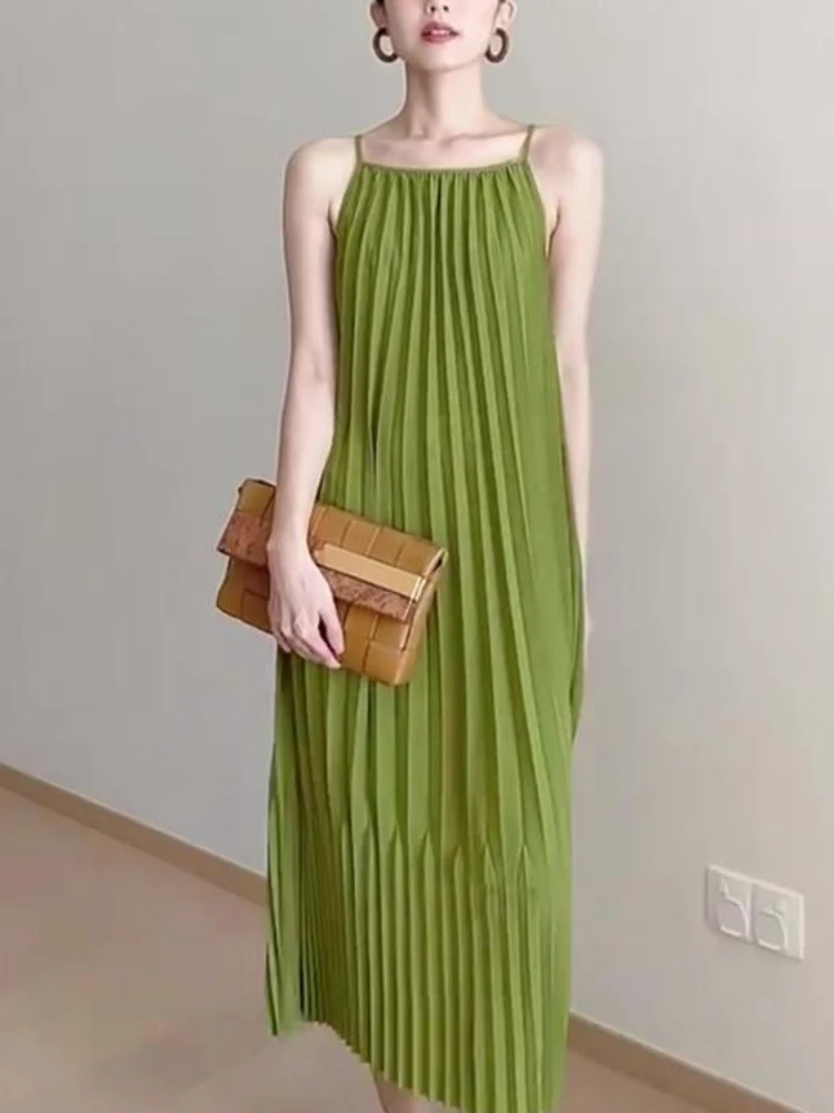 

Sexy Dress 2023 New Nü'shi Fashion Pleated Oversized Elegant Long Skirt Office Spaghetti Strap Vintage Classic Summer Dress