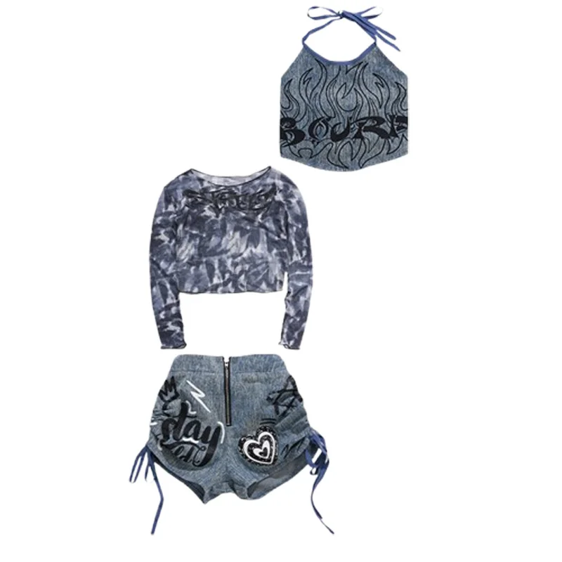Kinder Streetwear Bühne Kostüm Mädchen Street Dance K-pop Denim Crop Top Cargo Jeans Hosen Kinder Hip Hop Jazz Shorts kleidung