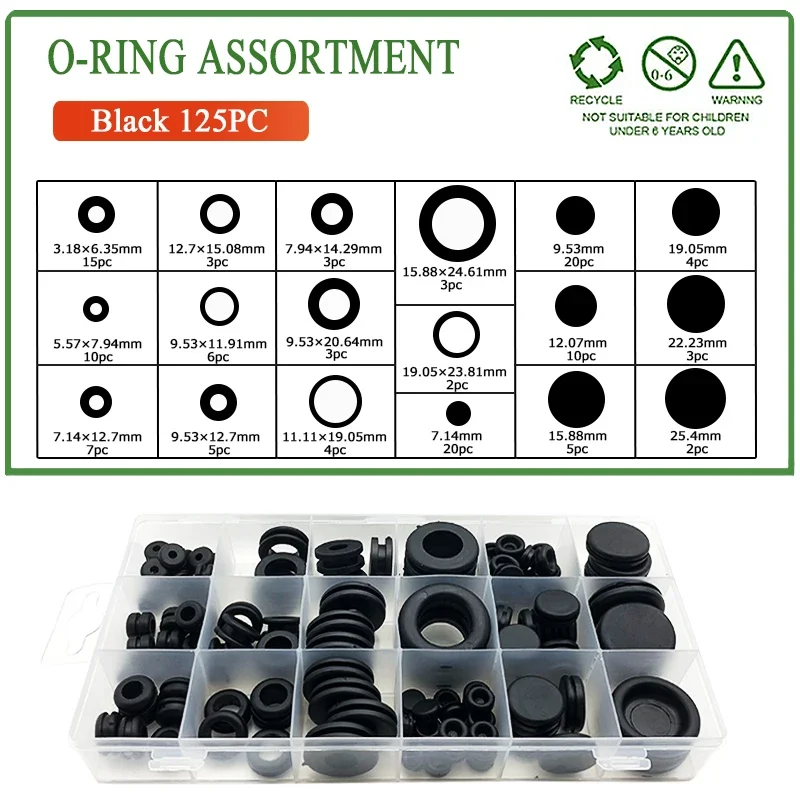 125pcs Rubber Seal Ring Black Oil Sealing Grommet Gasket for Protect Wire Cable Hole Protection Ring Shim Washer 18Sizes