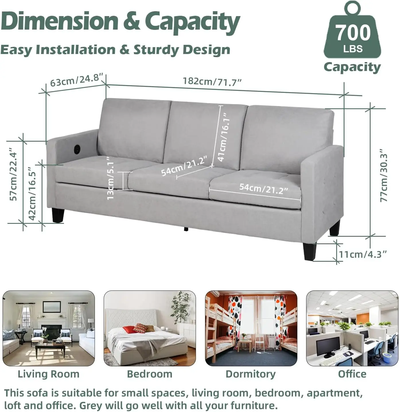 72" W 3 Person Seater Couch Sofa with USB Ports, Grey Comfy Couches for Small Spaces, Mid Century Modern Gray Couch for Living R