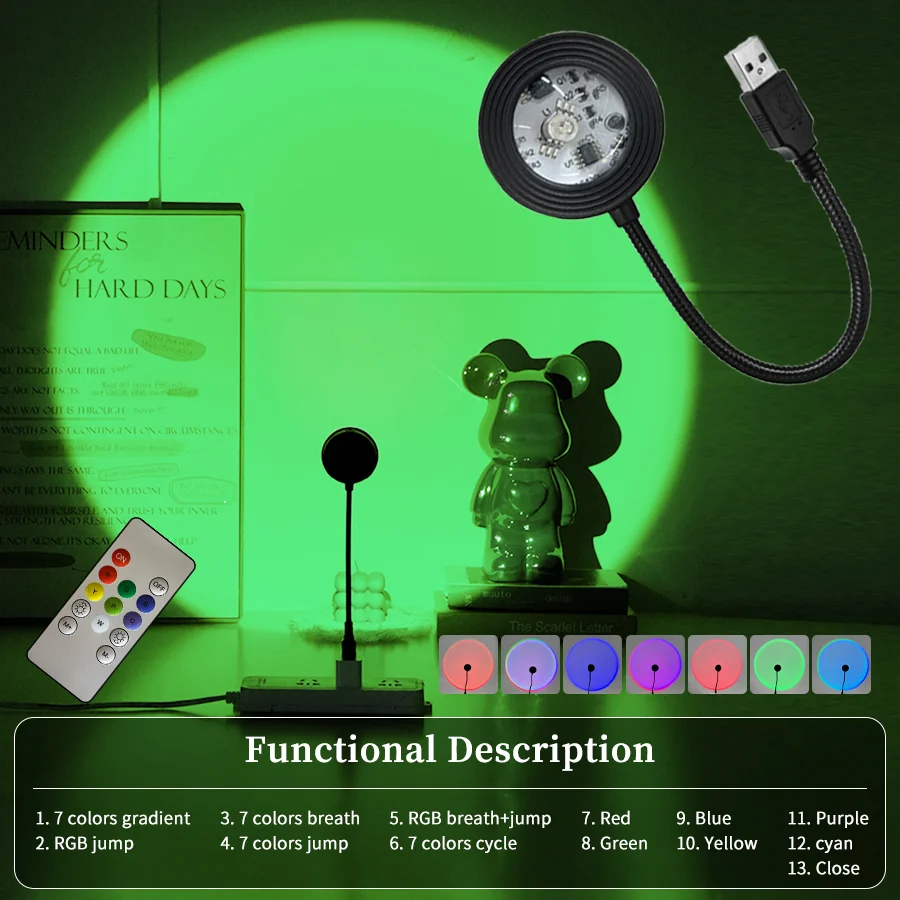 

Проектор-лампа с эффектом заката, USB LED ночник с RGB-подсветкой, 16 режимов, пульт дистанционного управления, атмосферная подсветка для фотографий, селфи, декора стен и комнат