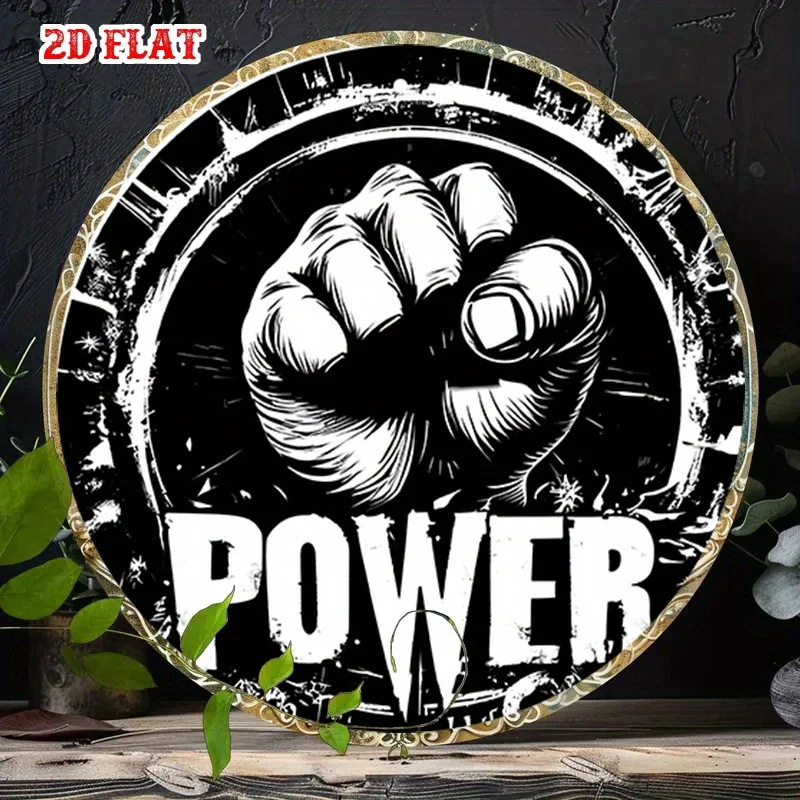 1 Stück Retro-Holzschild – schwarz-weißes Faust-Poster mit der Aufschrift „Power“, rundes Wandkunst-Poster aus Holz, zur Dekoration im Landhausstil