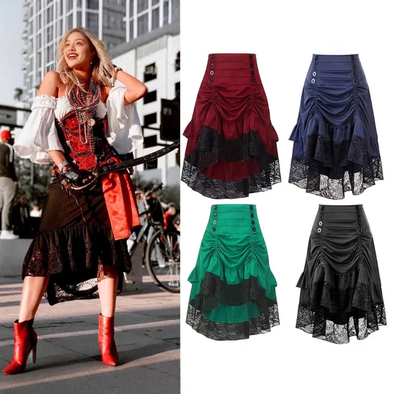 

Women's Retro Half-Length Pleated Bustle Skirt, Black Steampunk A-Line Semi-Formal Midiskirt for Cosplay & Daily Wear