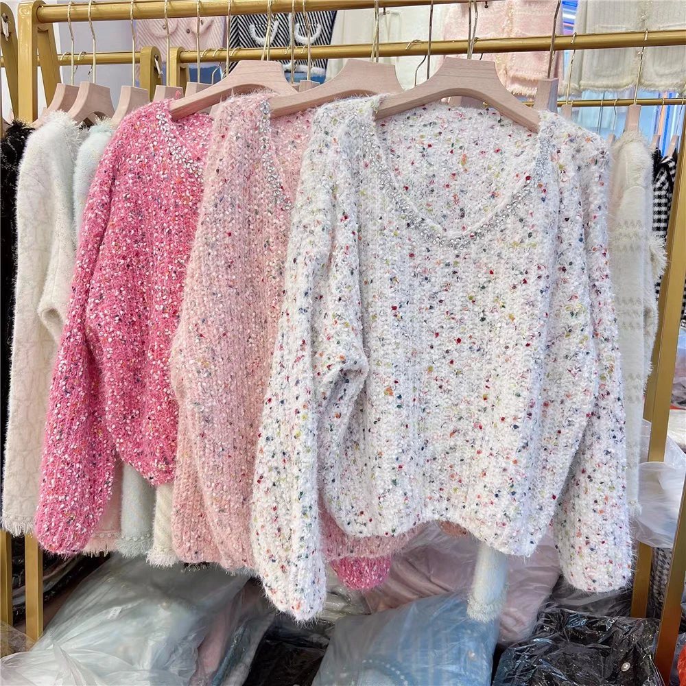 سترة نسائية تريكو ناعمة طويلة منقطة مرقعة كورية Sle V-Ne سترة عصرية كسول موضة خريف وشتاء...