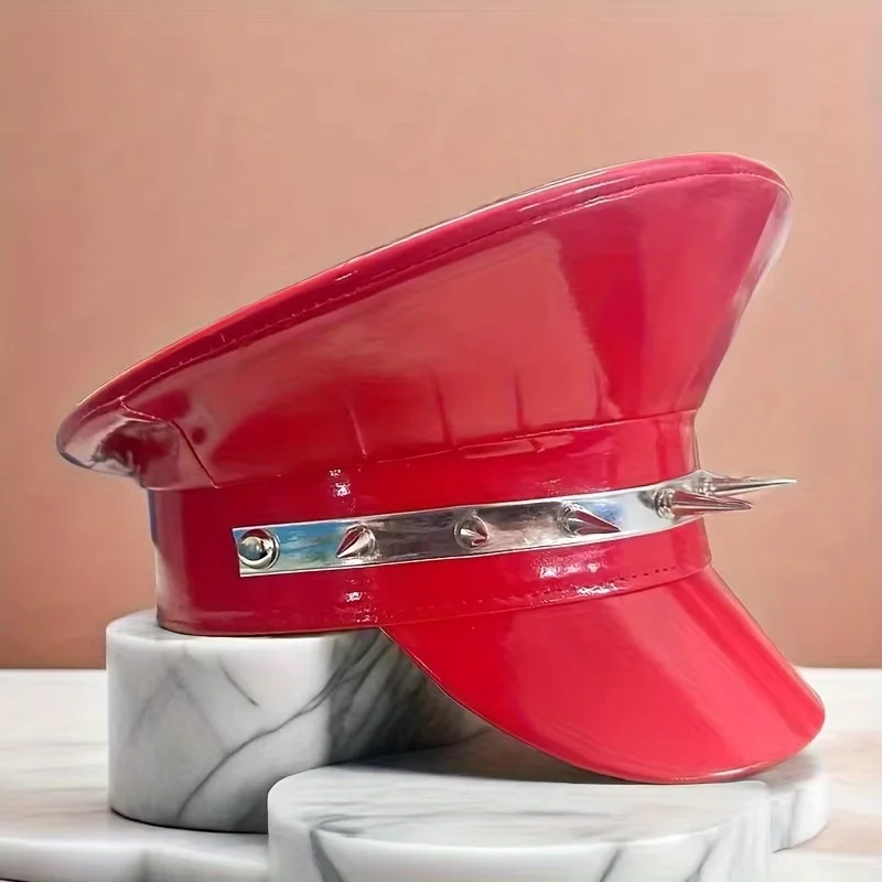 HongLuan  Laser Leather Captain Hat Rhinestone & Military Caps for Woman, Rave Festivals Accessories ＆ Party Cap Man Cosplay Fem