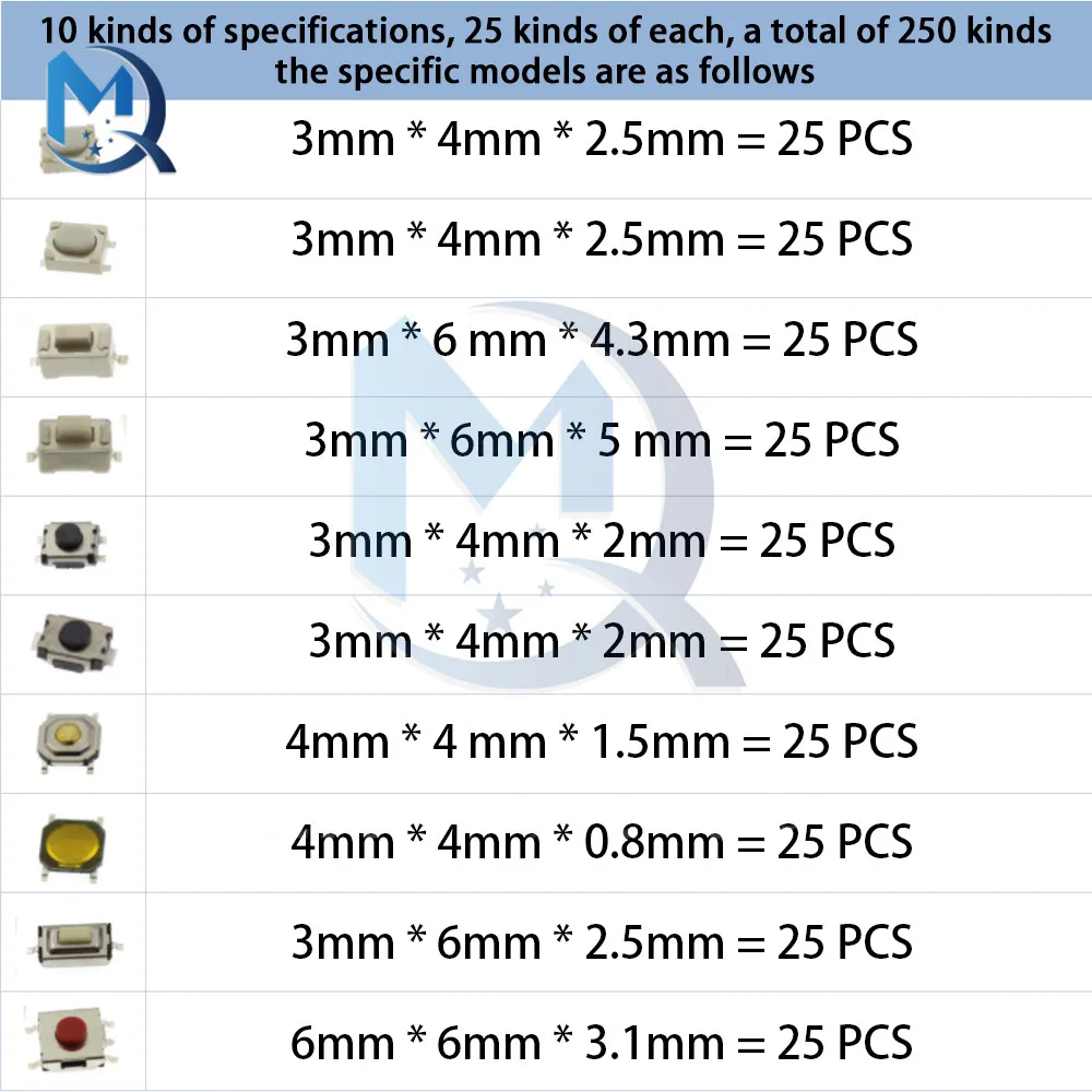 Imagem -03 - Smd Tátil Botão Kit Interruptor Tablet Controle Remoto do Carro Micro Toque Chave Momentary Conjunto de Sortimento 10 Modelo 250 Pcs por Caixa