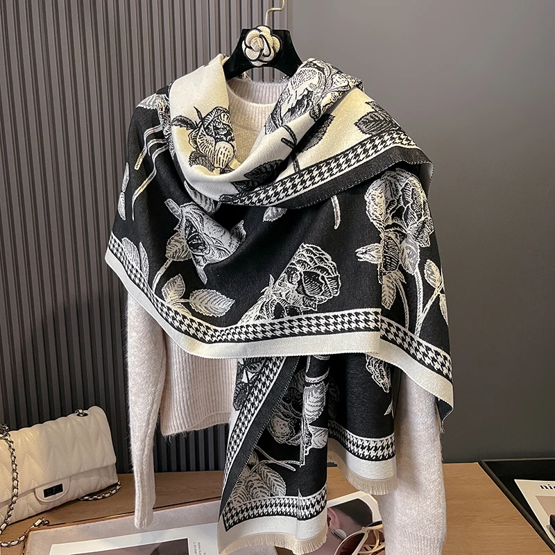 New Luxury Winter Rose Two-Sided Cashmere Jacquard Scarves High Quality Women Thicken Wrap Shawl Ladies Wool Pashmina Scarf