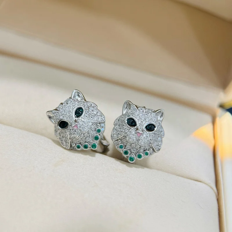 

S925Sterling Silver Cat Head Cat Keeper Cat Earrings Ear Studs Three-Dimensional Bright Shining Exquisite High-Grade Full Diamon