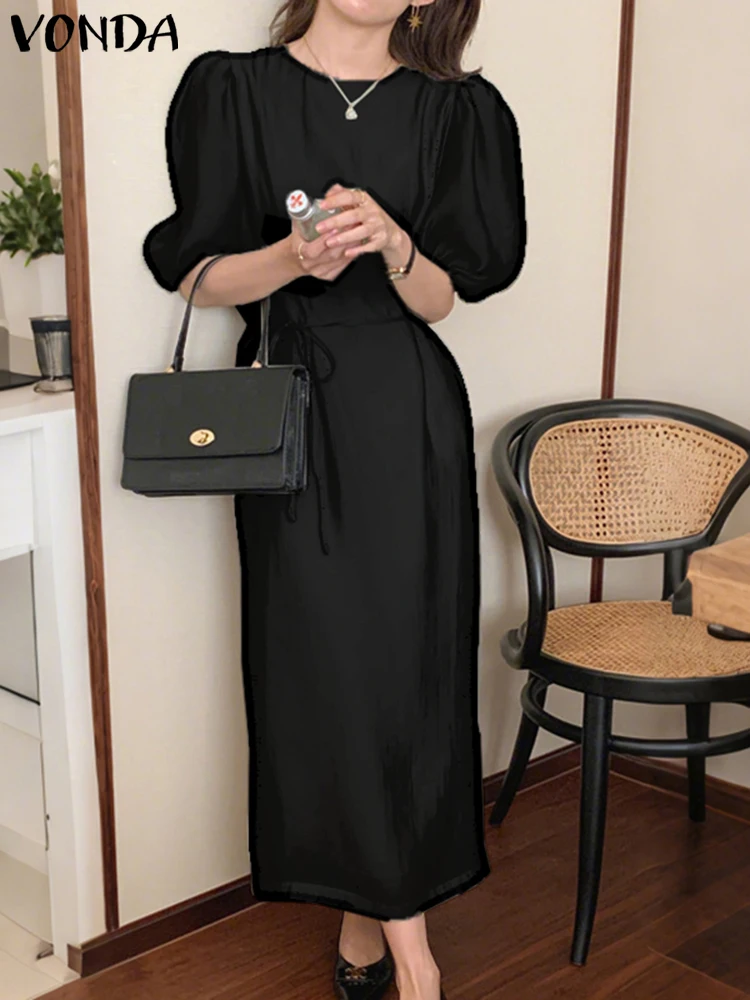 Vonda verão elegante camisa longa vestidos femininos manga puff sólido maxi vestidos 2025 moda casual com cinto bandagem festa robe