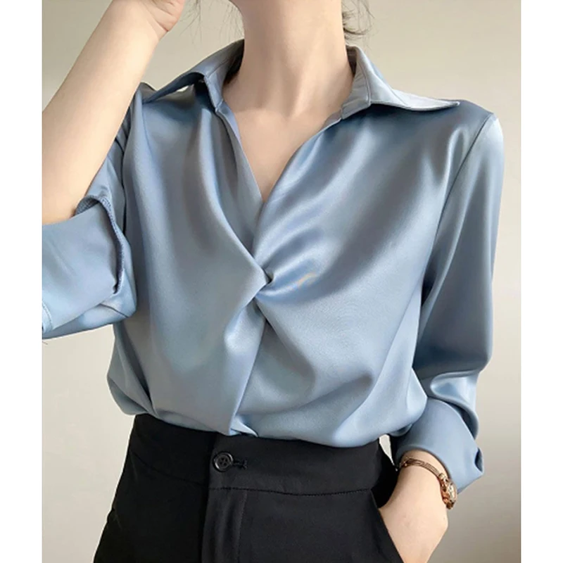 Chemisier drapé en Satin bleu pour femmes, Chic, col en V, manches longues, chemise plissée, élégant, bureau, résistant aux rides