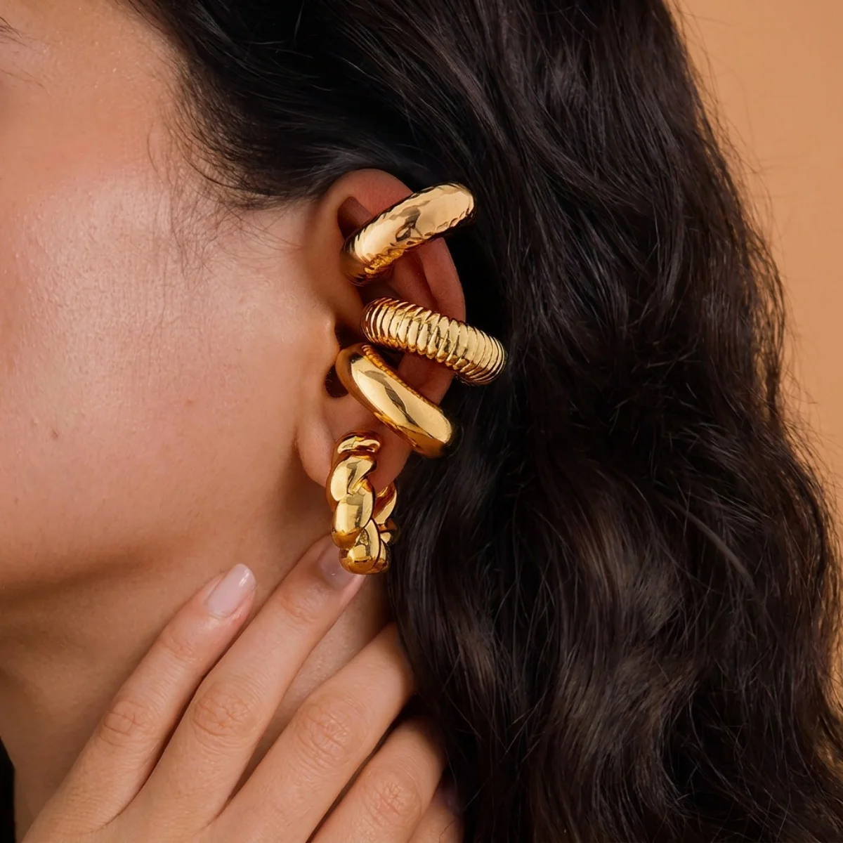 4 Stück/Set Street-Style, klobige, gehämmerte, verdrehte C-förmige Ohrklemmen, Ohrringe für Damen und Herren, ohne Ohrlöcher, glatte Ohrclips, Punk-Schmuck – Detail 6